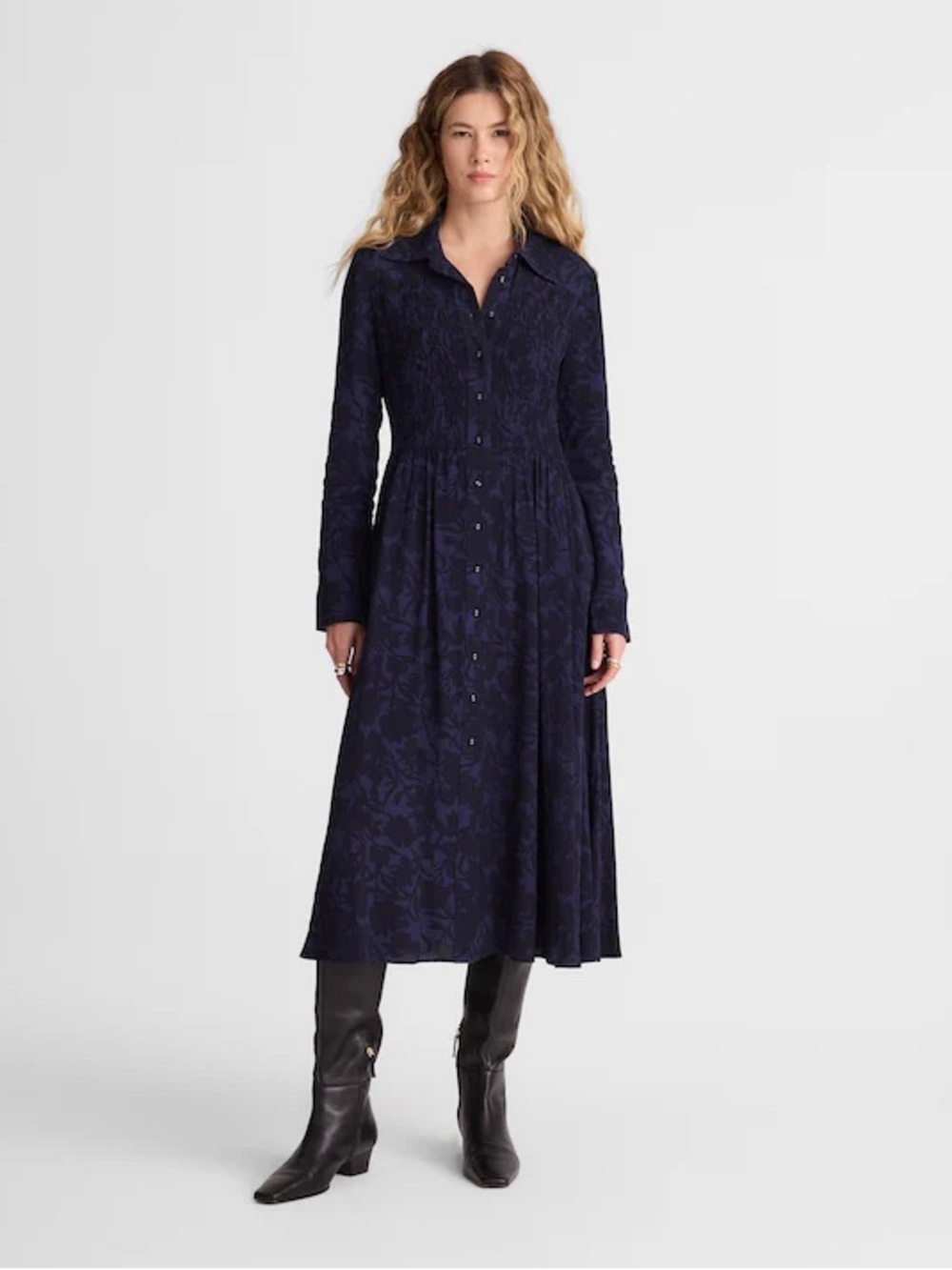 Madewell Smocked Midi Long Sleeve Shirtdress Alexis Dark Floral Navy sz 6